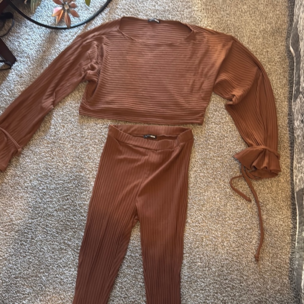 Ribbed Brown Two-Piece Set - Top and Pants